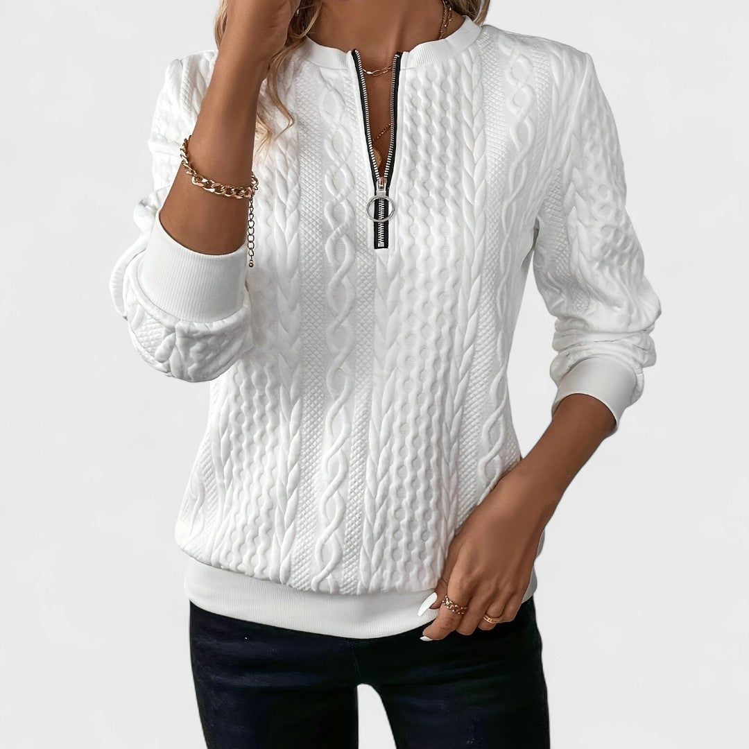 Women's Sweater with Zip and Cable Knit Design