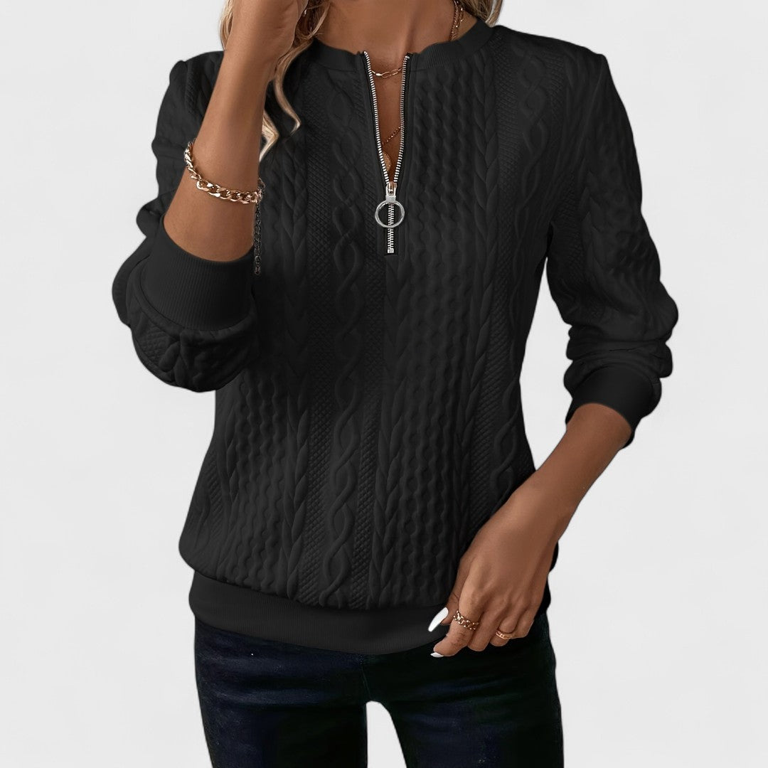 Women's Sweater with Zip and Cable Knit Design