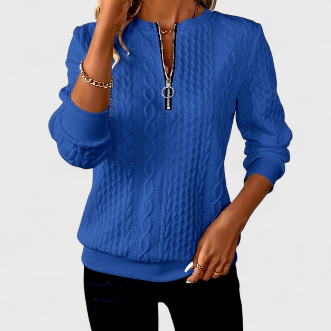 Women's Sweater with Zip and Cable Knit Design
