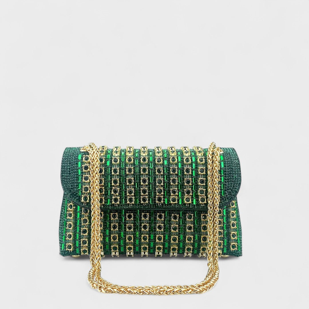 Elegant shoulder bag with chain and colorful diamonds