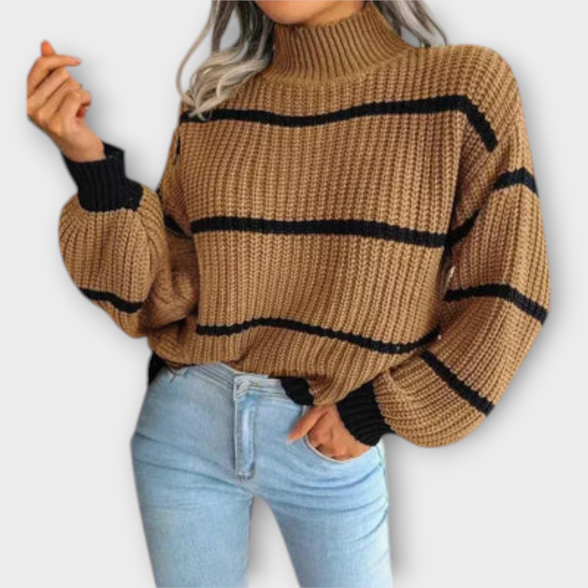 High Neck Sweater with Stripes