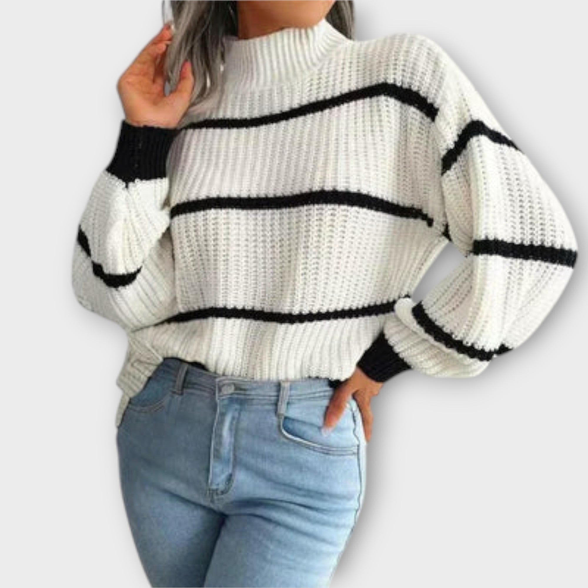 High Neck Sweater with Stripes