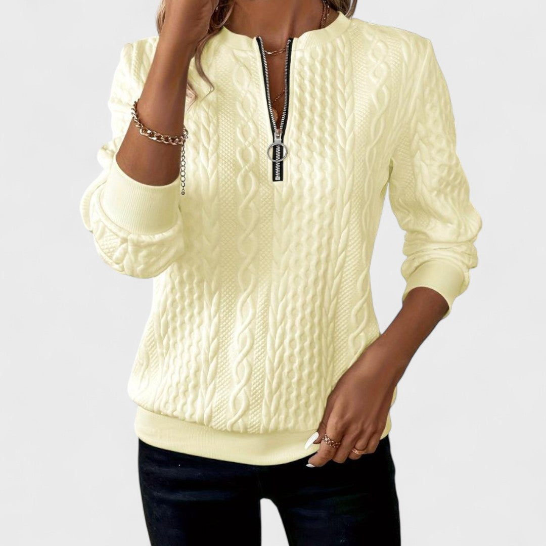 Women's Sweater with Zip and Cable Knit Design